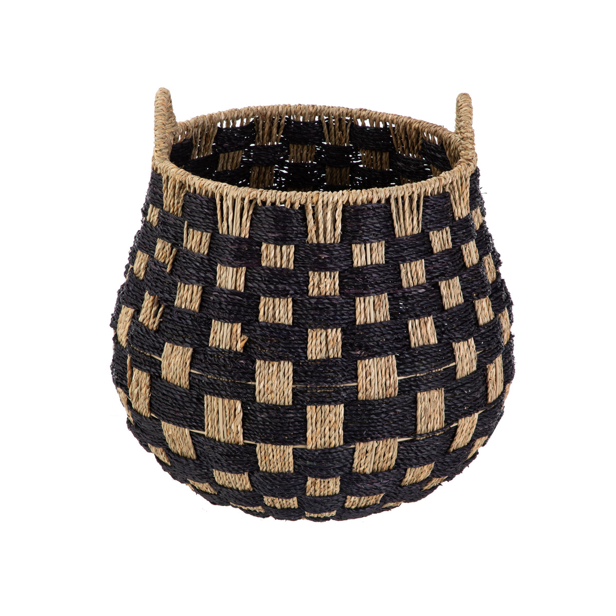 Large round Seagrass Storage Baskets with Handles, Checkered Black/Natural, 2 Pack