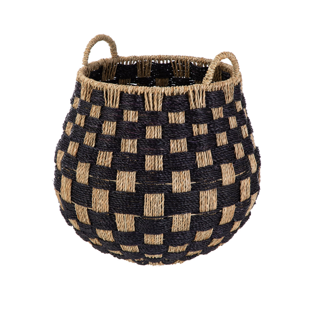 Large round Seagrass Storage Baskets with Handles, Checkered Black/Natural, 2 Pack