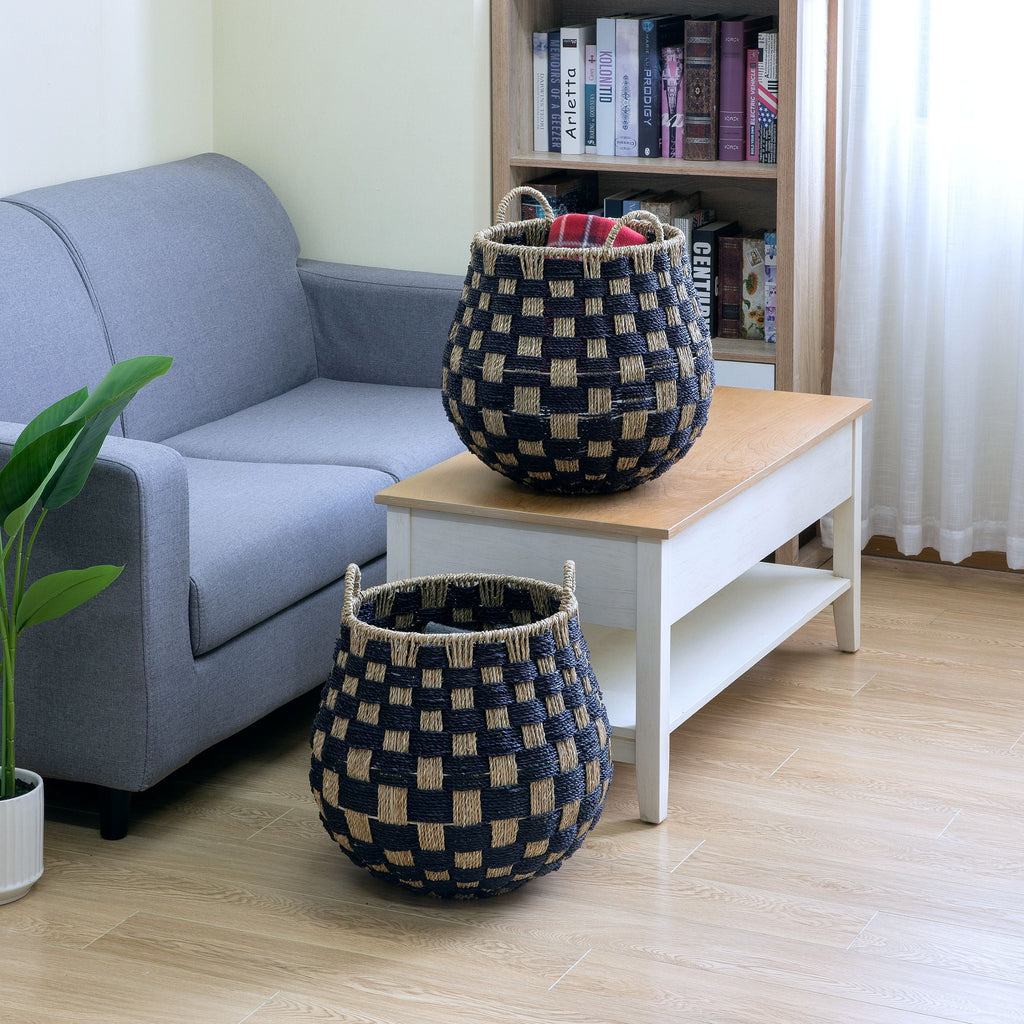Large round Seagrass Storage Baskets with Handles, Checkered Black/Natural, 2 Pack