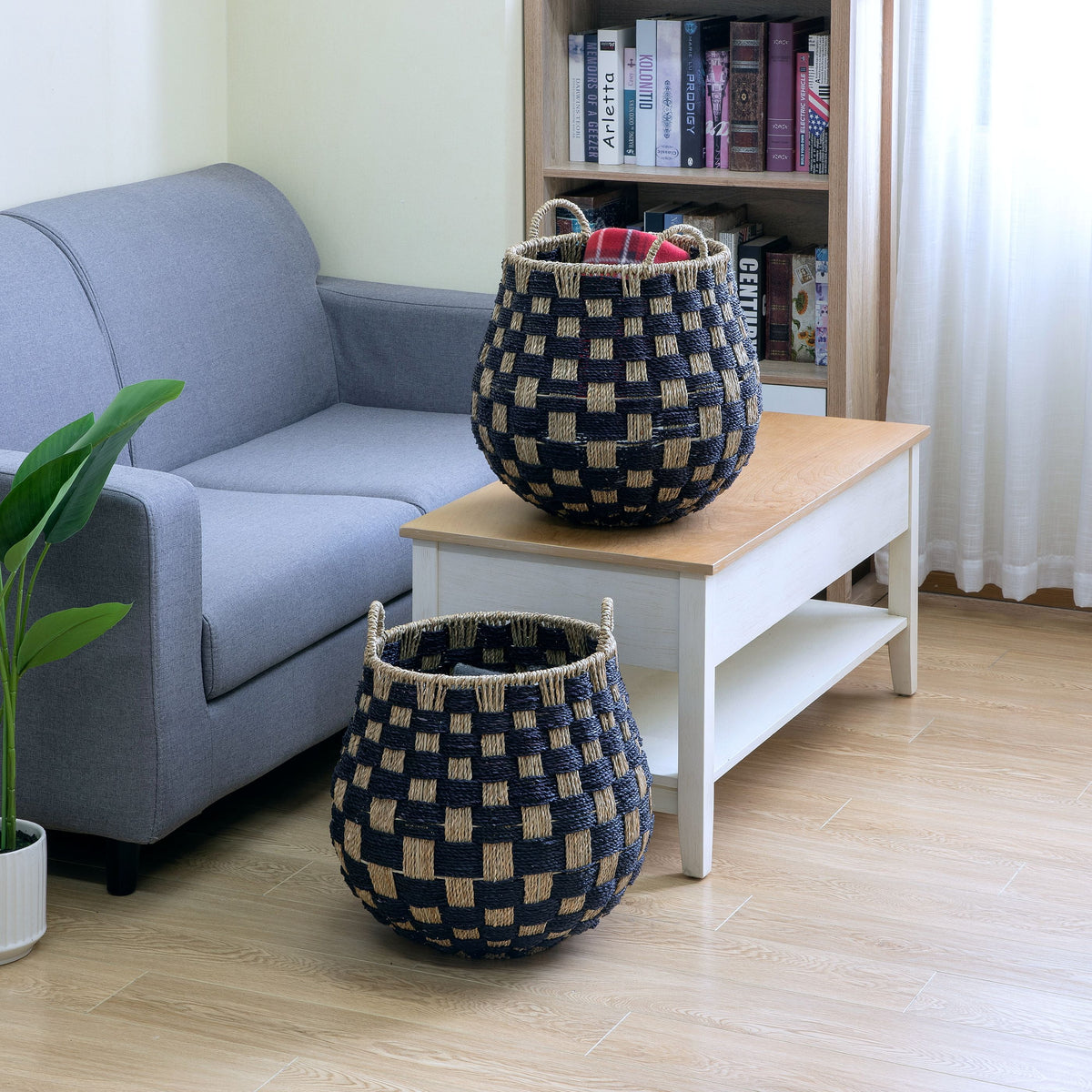 Large round Seagrass Storage Baskets with Handles, Checkered Black/Natural, 2 Pack