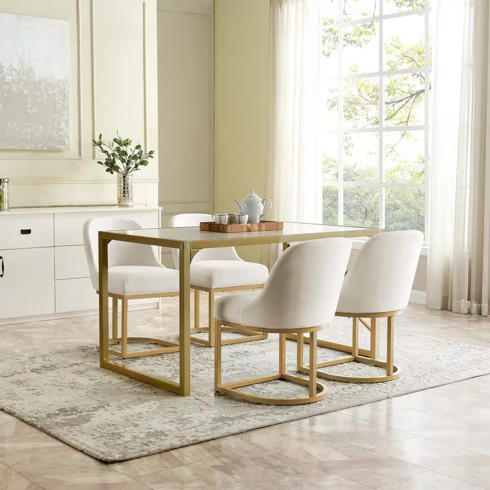 Set of 2 White Linen Barrel Dining Chairs with Gold Base