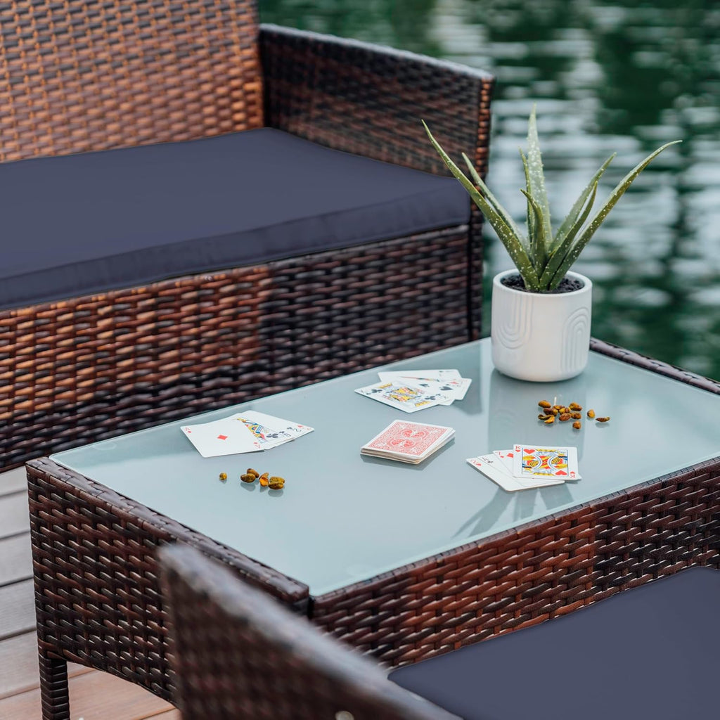 Wicker Patio Furniture - 4 Piece Set with 2 Chairs, Loveseat, Glass Top Coffee Table, Outdoor Furniture for Backyard, Pool or Porch (Brown/Navy)