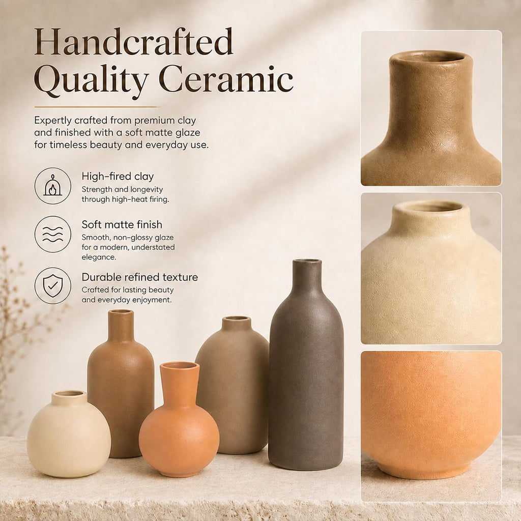 Neutral Ceramic Vase Set – 5 Matte Earth-Tone Vases for Japandi, Scandinavian, or Minimalist Home Decor, Table, Entryway, Shelf & Mantel Styling