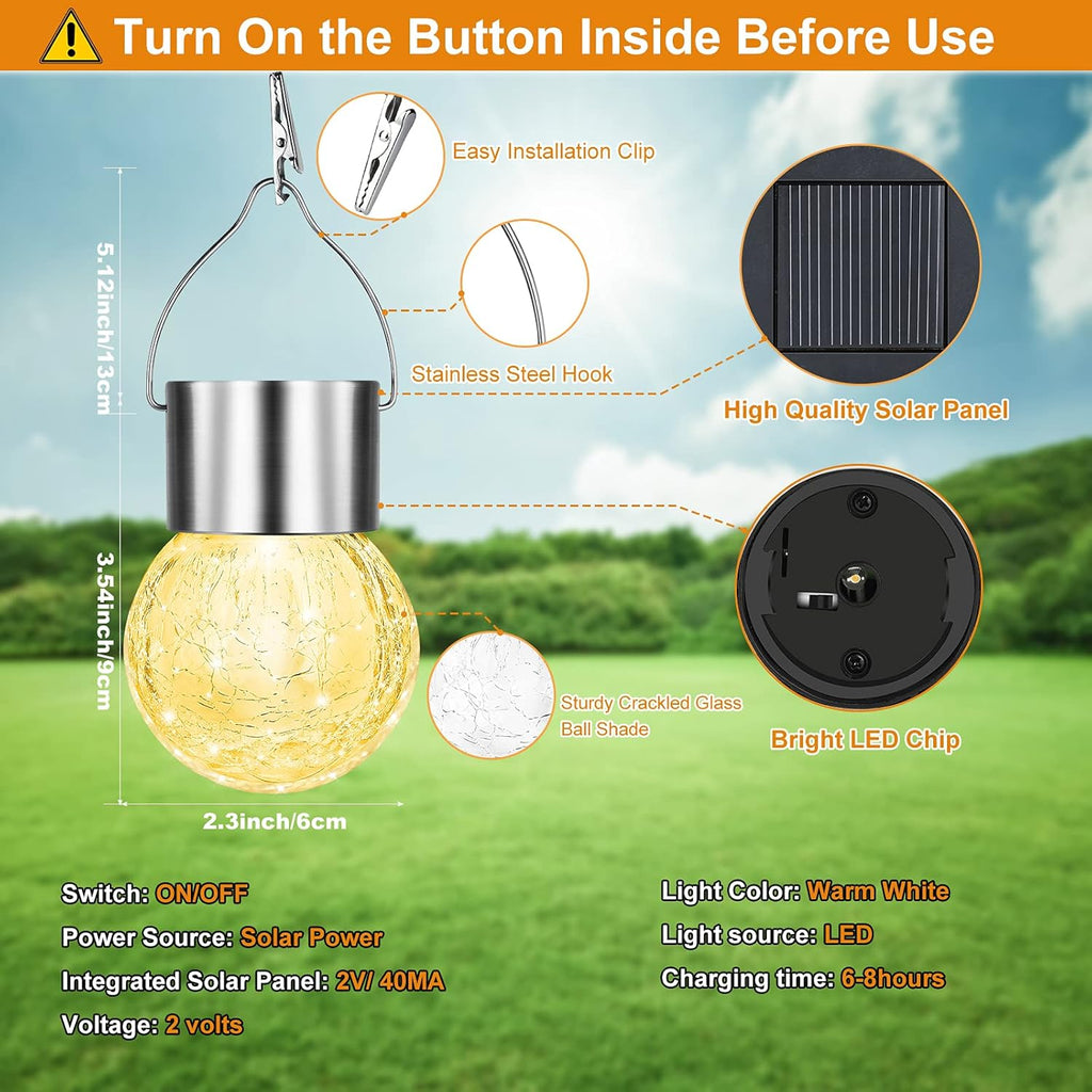 12Pack Hanging Cracked Glass Solar Lights Outdoor Waterproof, Warm White | LED Ball Lights, Tree Solar Powered Globe Lights with Handle for Garden Yard Patio Fence Christmas Decoration