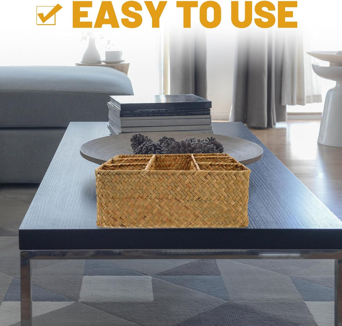 Woven Storage Box with Dividers 10.82 X 10.70 X 3.93 in Organizer Storage Box for Kitchen Utensils Desktop Sundries Home Basket for Countertop Cabinet Drawer