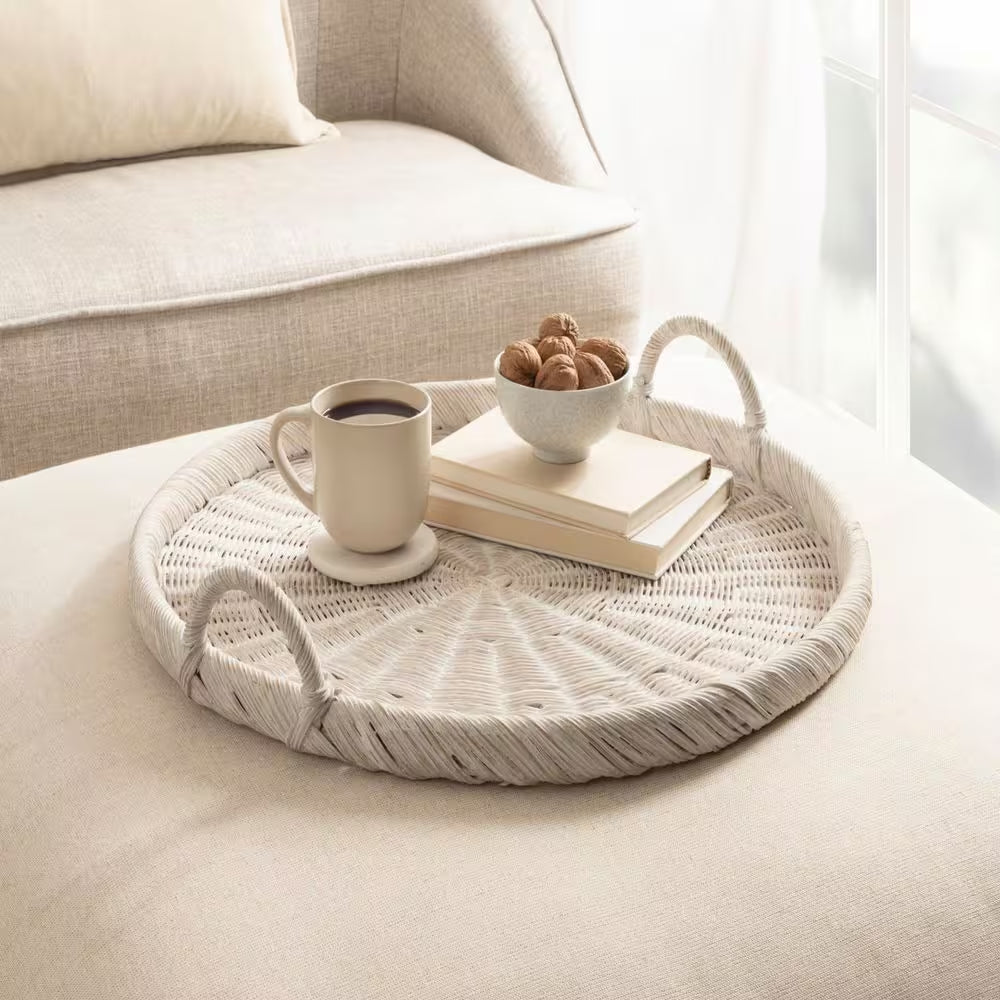 Cormont White round 22 In. Rattan Decorative Tray
