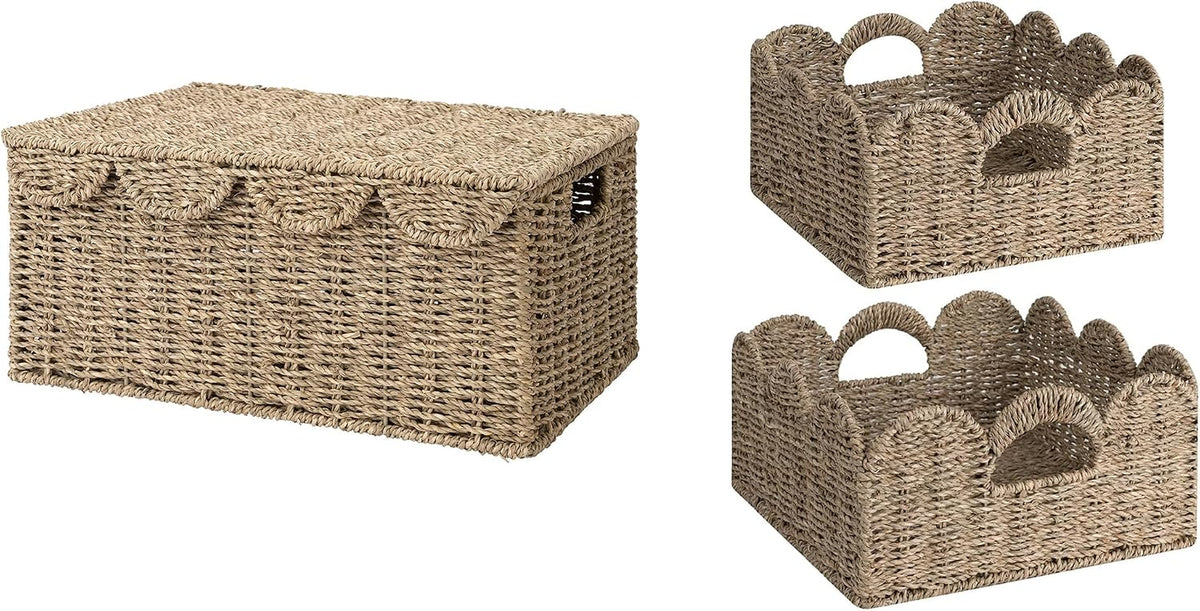 Scalloped Basket, Wicker Storage Basket with Lid for Room Décor, Scalloped Wicker Basket, Nursery Basket with Handles