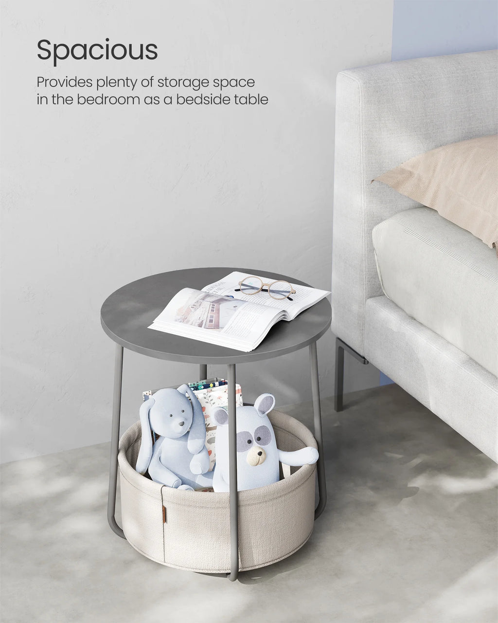 Round Storage Side Table with Fabric Basket, Gray & Cream
