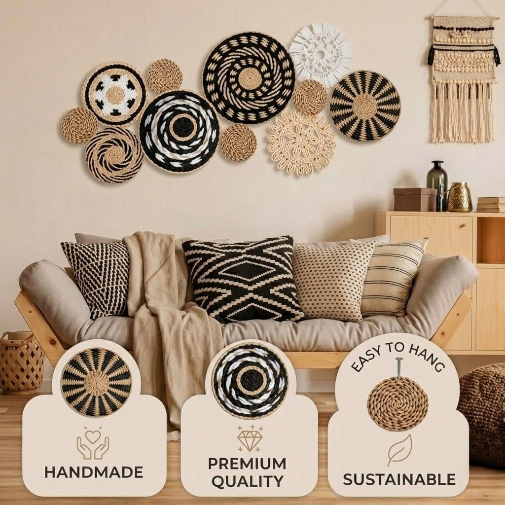 11-Piece (Retro) Boho Wall Basket Decor – Handmade Woven Wall Baskets, Bohemian Farmhouse Wall Art, Rustic Hanging Basket Set for Living Room, Bedroom & Kitchen Summer Decoration