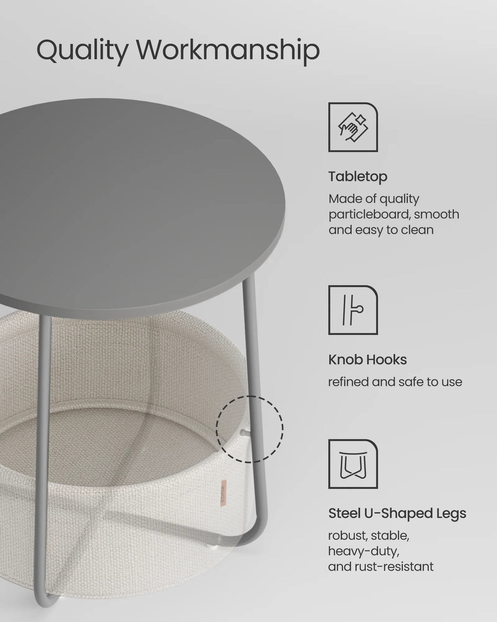 Round Storage Side Table with Fabric Basket, Gray & Cream