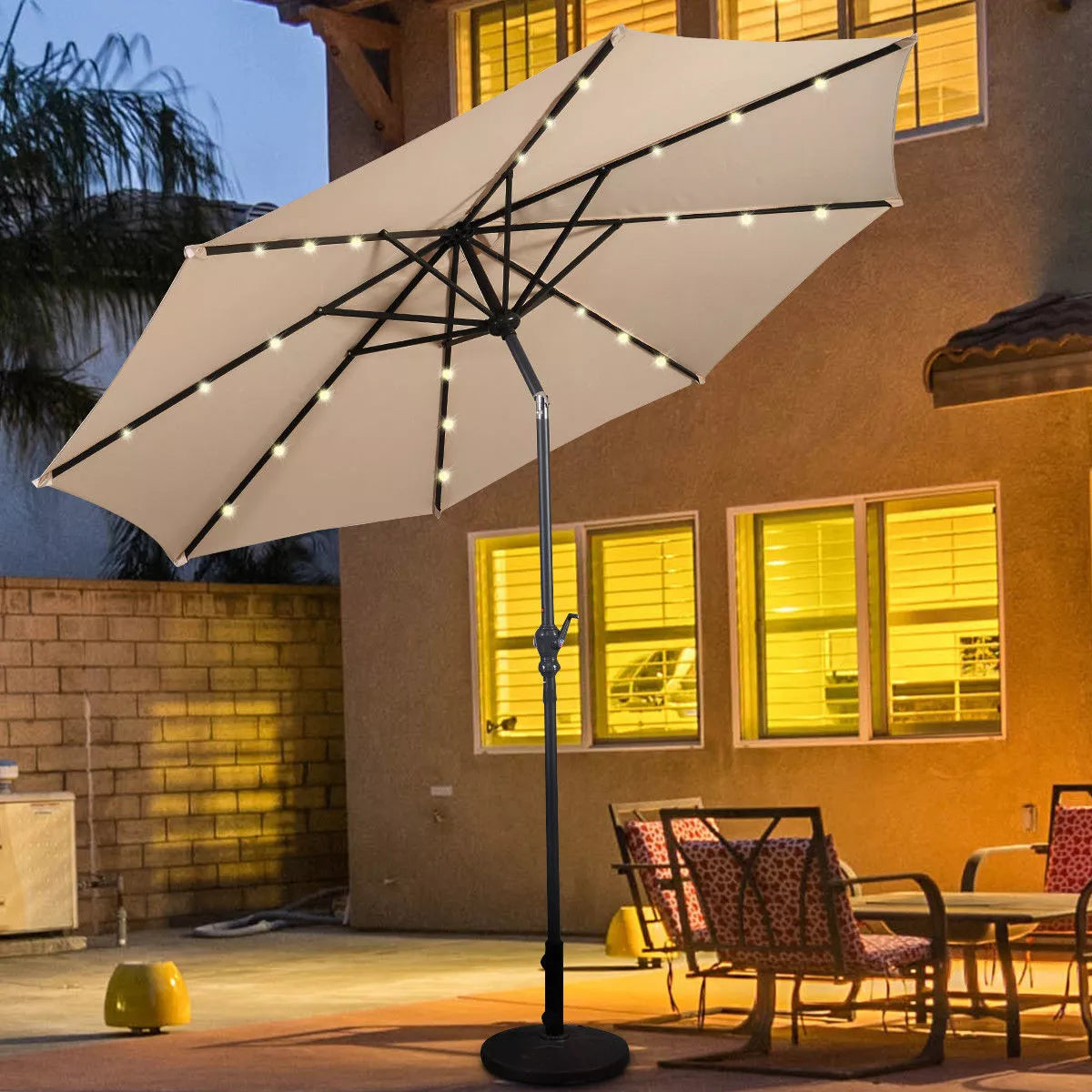 Costway 10FT Patio Solar Umbrella LED Patio Market Steel Tilt W/Crank Outdoor Orangeblue New