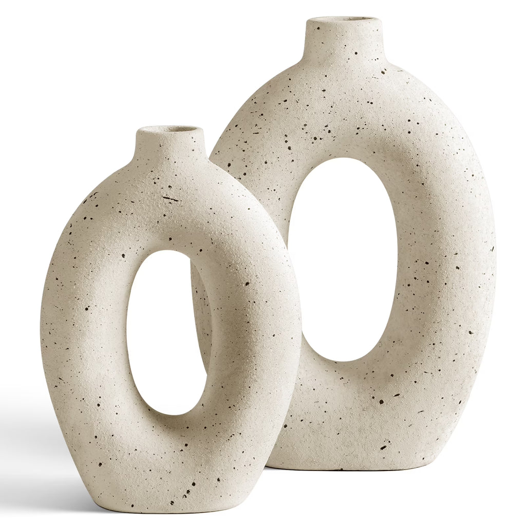 LE TAUCI 10.5" & 8.5" Ceramic Vases, Set of 2 White Ring Donut Vase, Modern Neutral Farmhouse Vase for Home Decor, Flower Vase for Table Centerpiece, Living Room, Shelf & Entryway