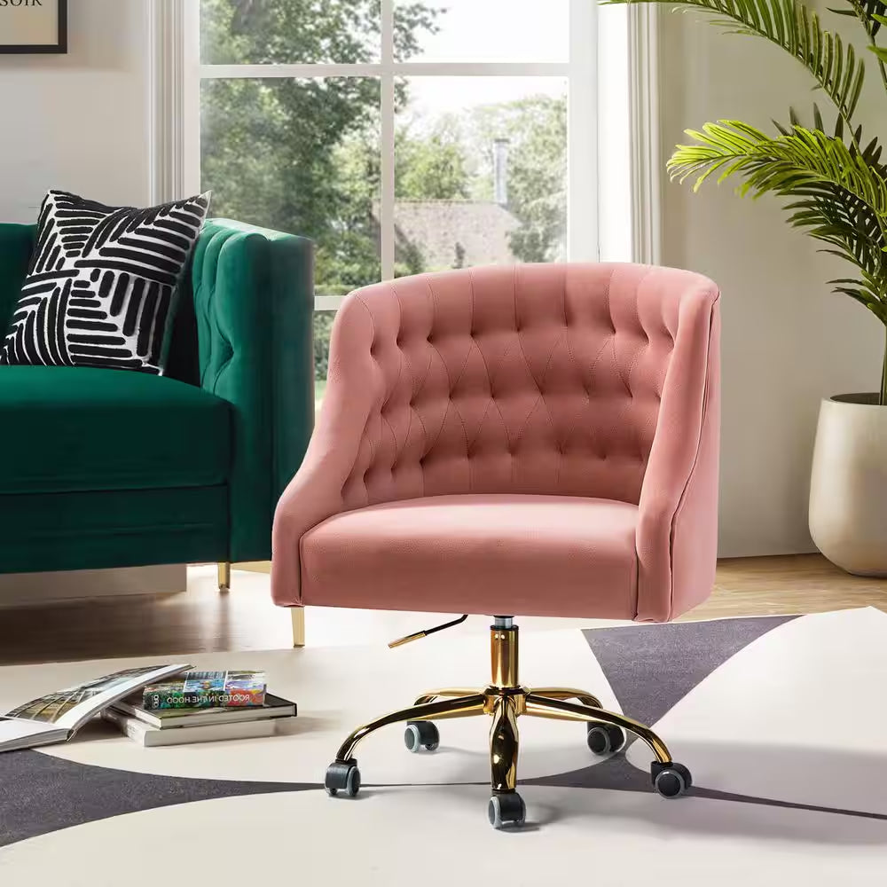 Mid-Century Pink Velvet Tufted Office Chair
