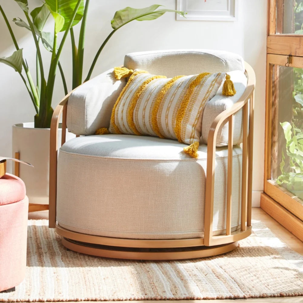 Cream Linen-Look Swivel Birdcage Accent Chair