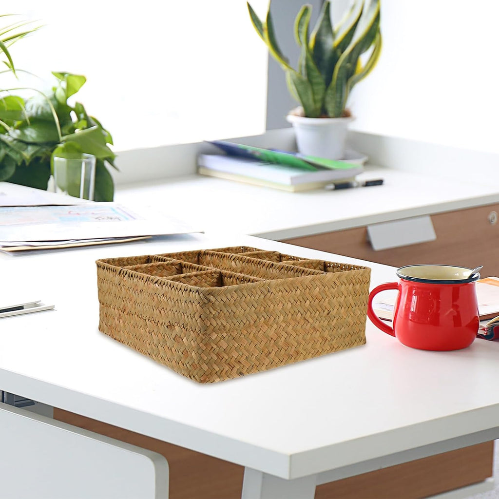 Woven Storage Box with Dividers 10.82 X 10.70 X 3.93 in Organizer Storage Box for Kitchen Utensils Desktop Sundries Home Basket for Countertop Cabinet Drawer