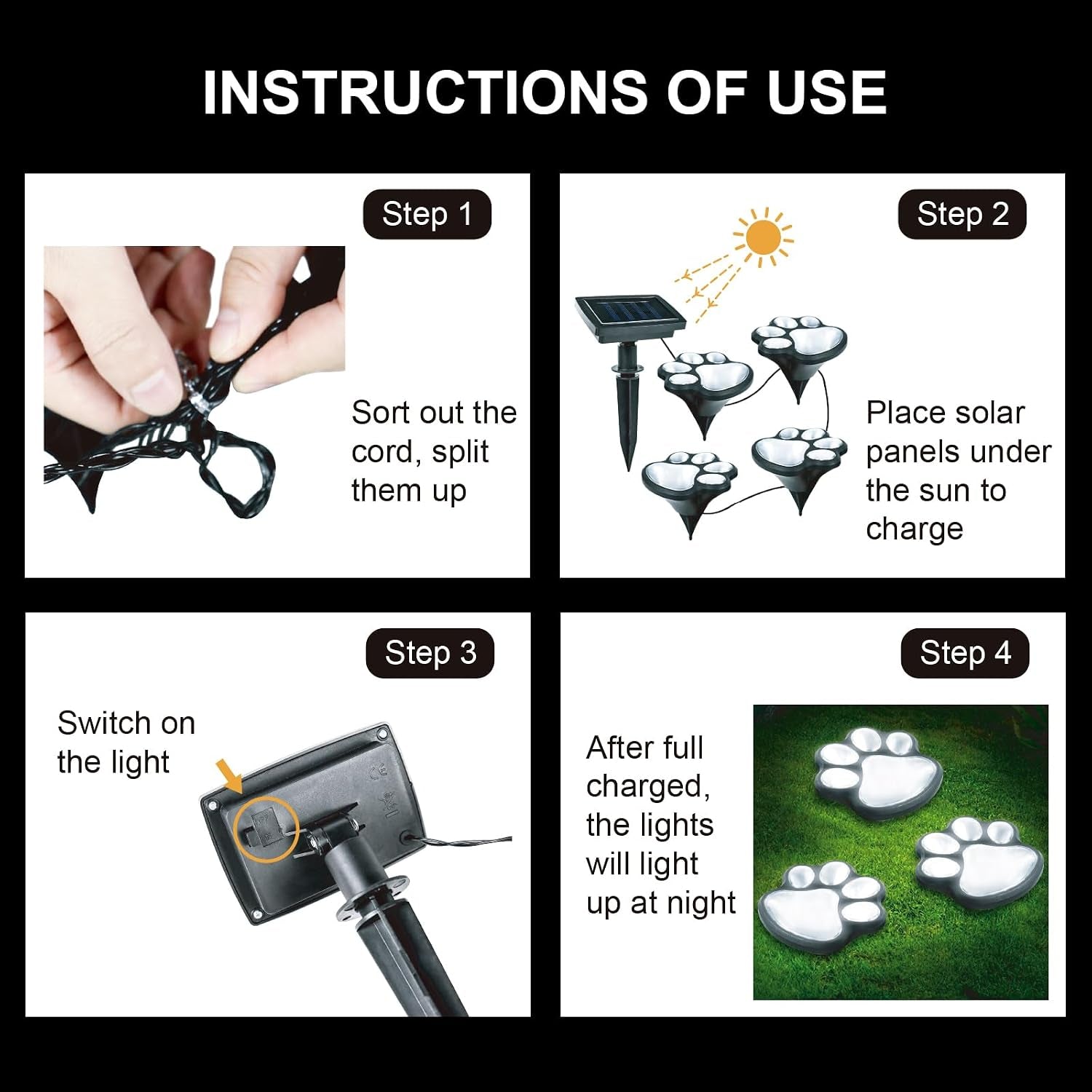 4-Pack Solar Paw Print Pathway Lights, IP55 Waterproof