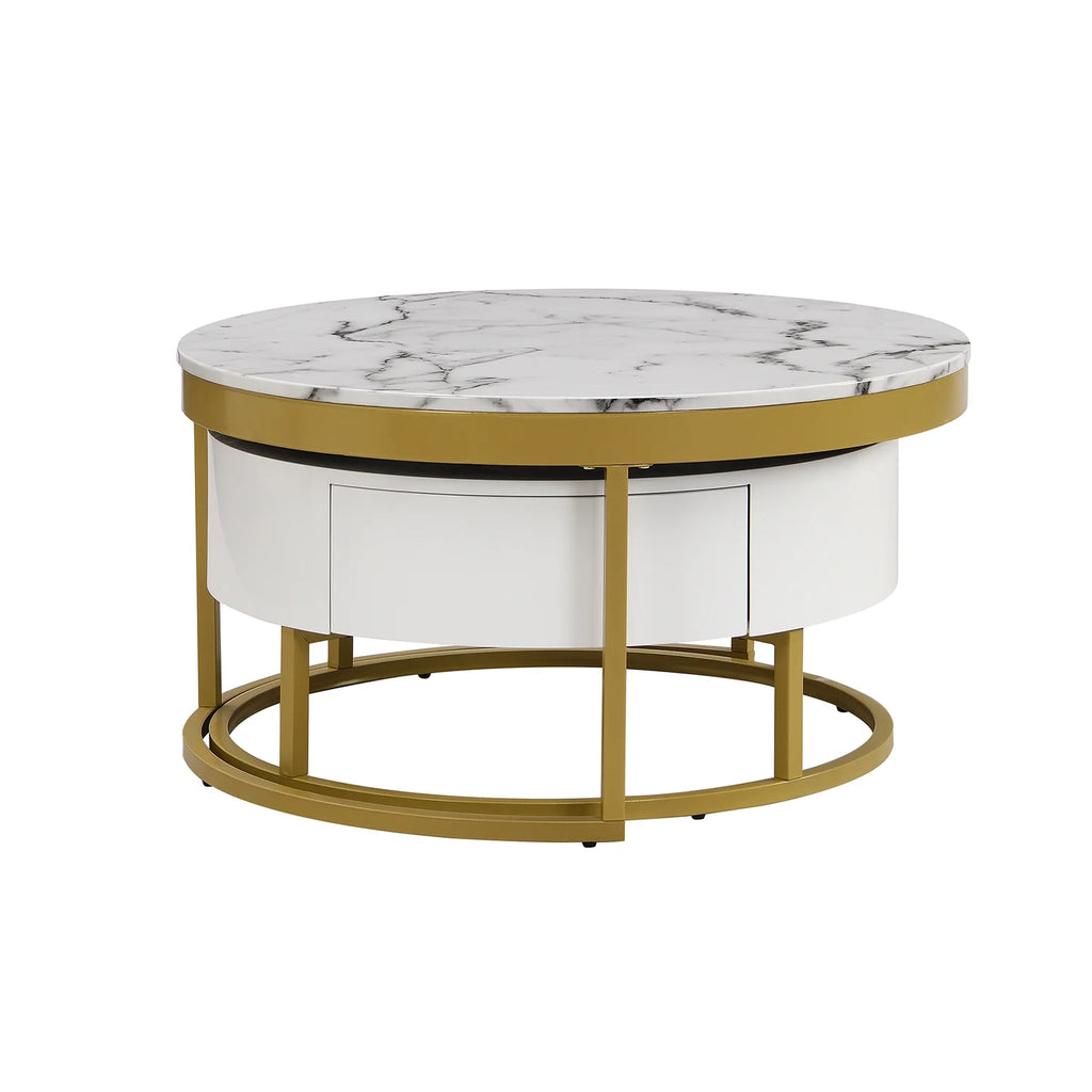 White & Gold Nesting Coffee Tables with Drawers, Set of 2