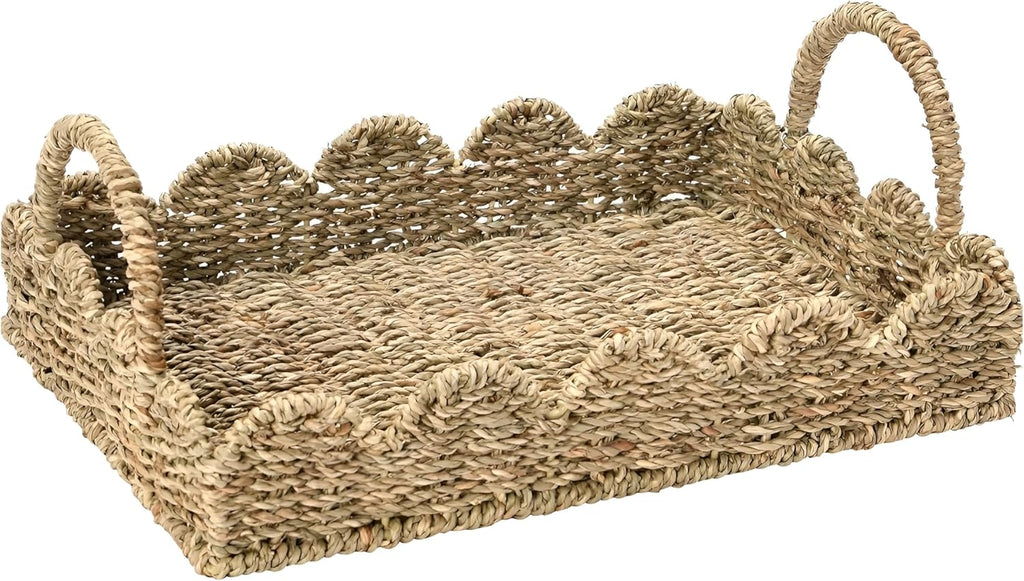 Scalloped Rattan Serving Tray with Removable Floral Transparent Board – Natural Rattan Decorative Wicker Tray with Foldable Handles & Scalloped Edge – Wicker Woven Tray for Coffee Table, Dining