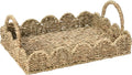 Scalloped Rattan Serving Tray with Removable Floral Transparent Board – Natural Rattan Decorative Wicker Tray with Foldable Handles & Scalloped Edge – Wicker Woven Tray for Coffee Table, Dining