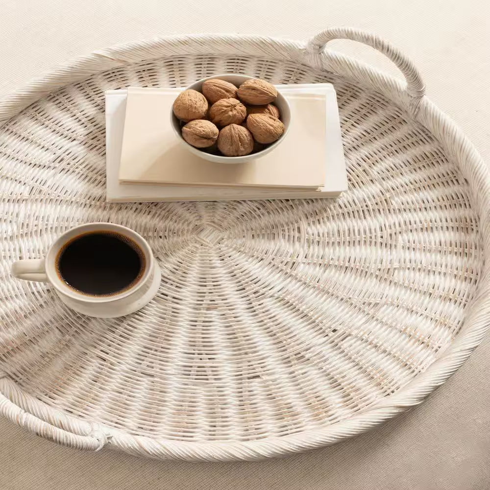 Cormont White round 22 In. Rattan Decorative Tray