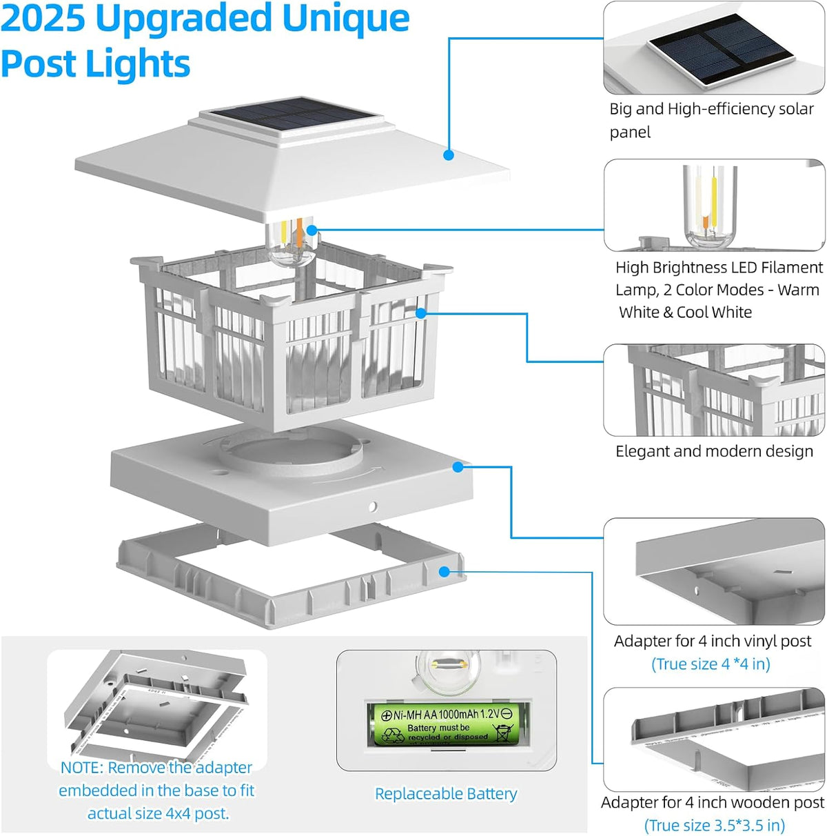 4-Pack Classic Solar Post Cap Lights, Warm & Cool White