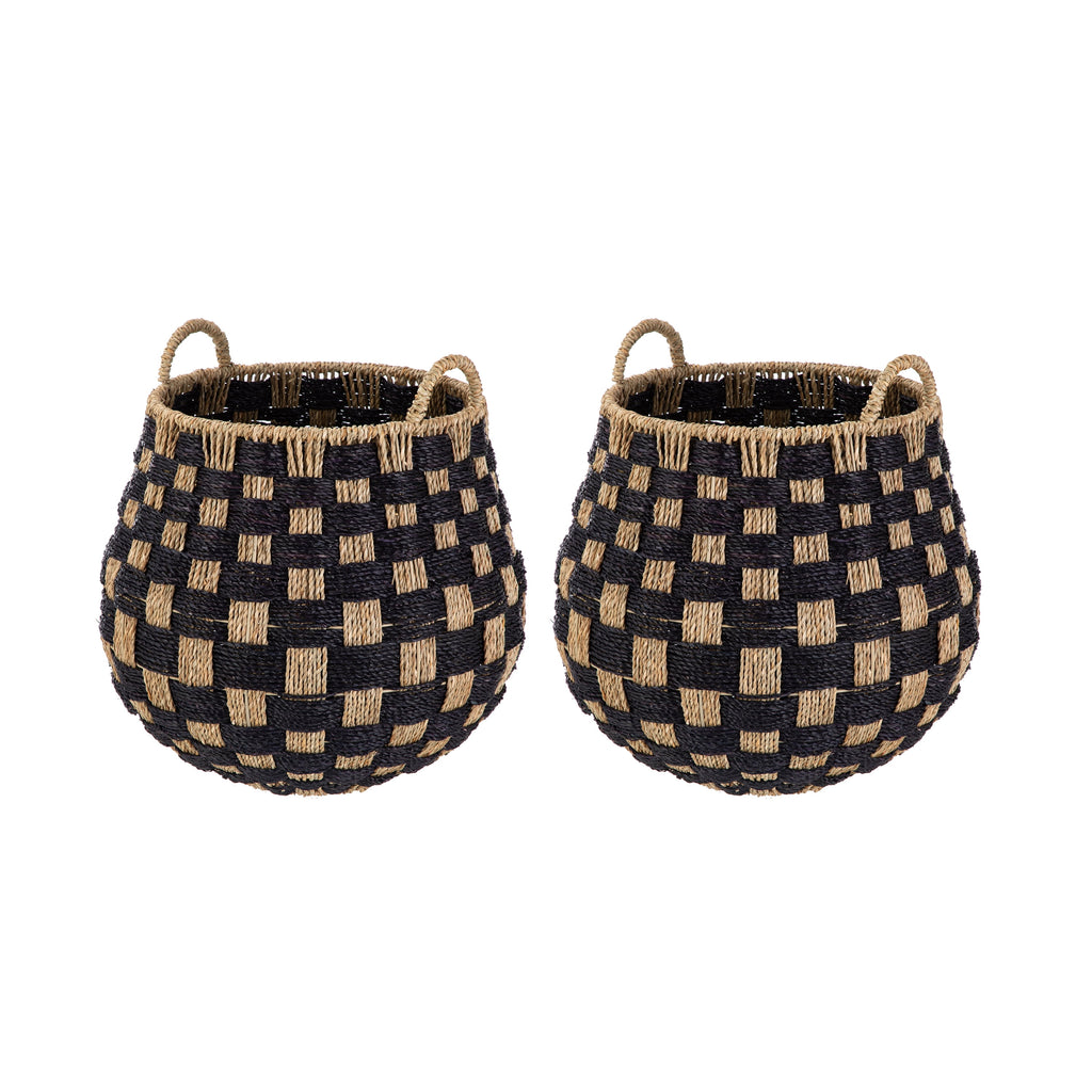 Large round Seagrass Storage Baskets with Handles, Checkered Black/Natural, 2 Pack