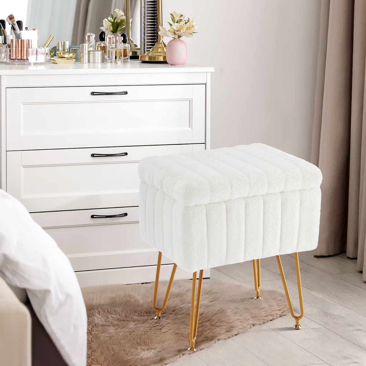Faux Fur Vanity Stool with Storage and Adjustable Feet