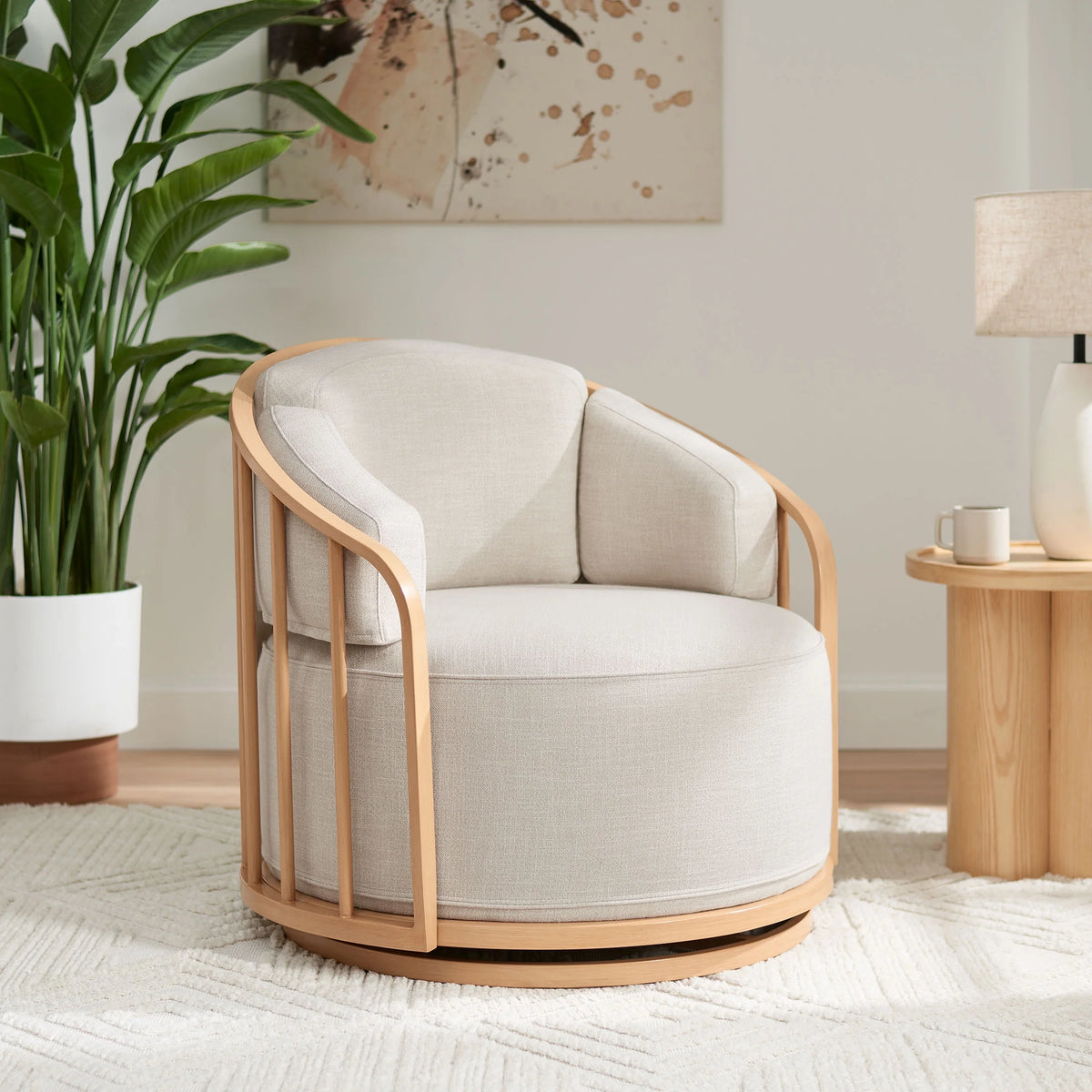 Cream Linen-Look Swivel Birdcage Accent Chair