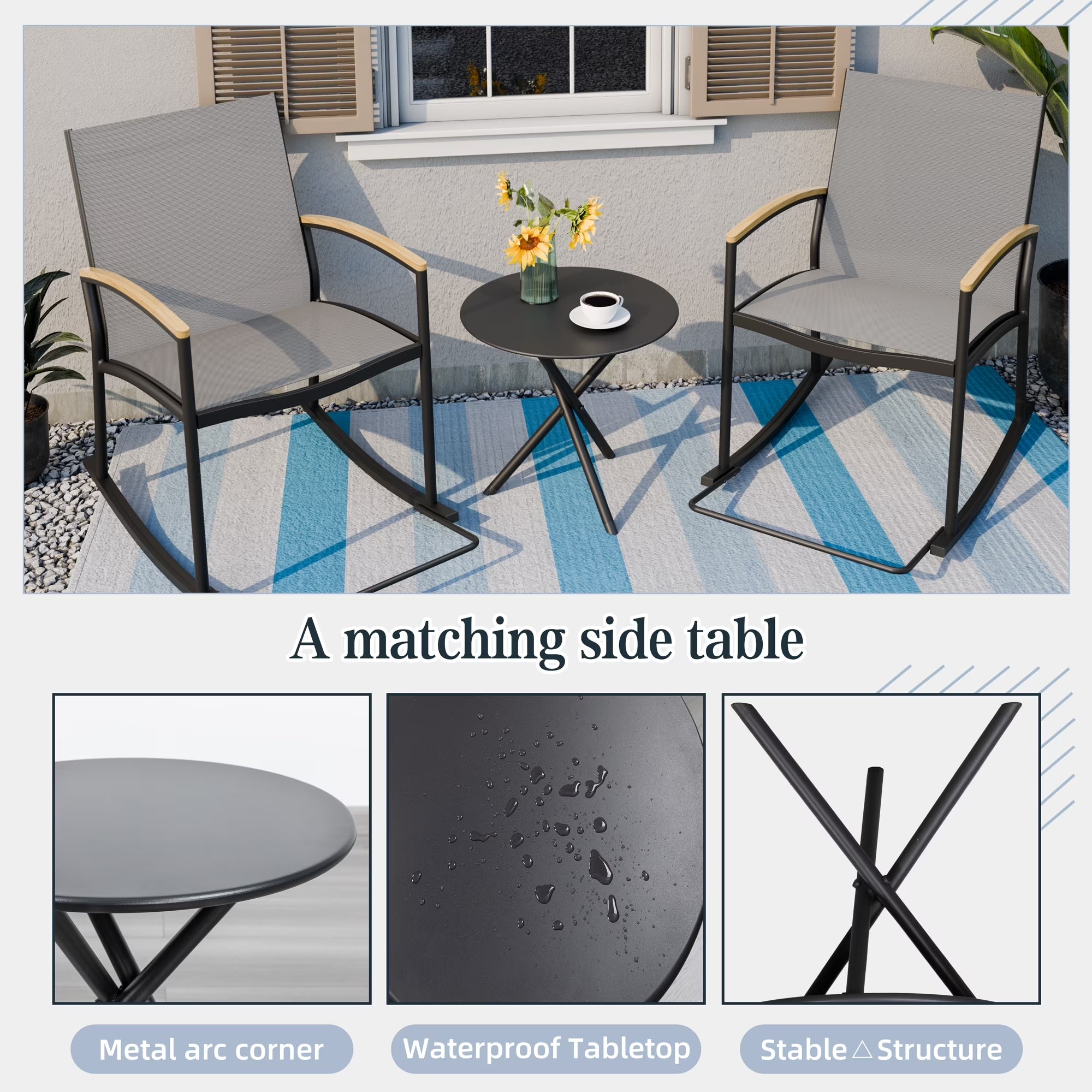 Outdoor Rocking Bistro Set 3 Piece Metal Patio Porch Furniture with 2 Patio Rocking Chairs 1 Patio Table,Light Gray