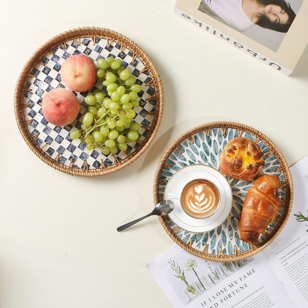Round Rattan Tray with Mother of Pearl Inlay, Wooden Base