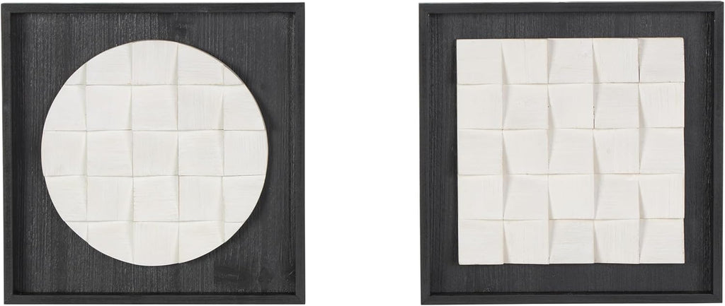 Deco 79 Wood Geometric Home Wall Decor 3D Cube Grid Wall Sculpture with Black Frames, Set of 2 Wall Art 16" W, 16" H, White