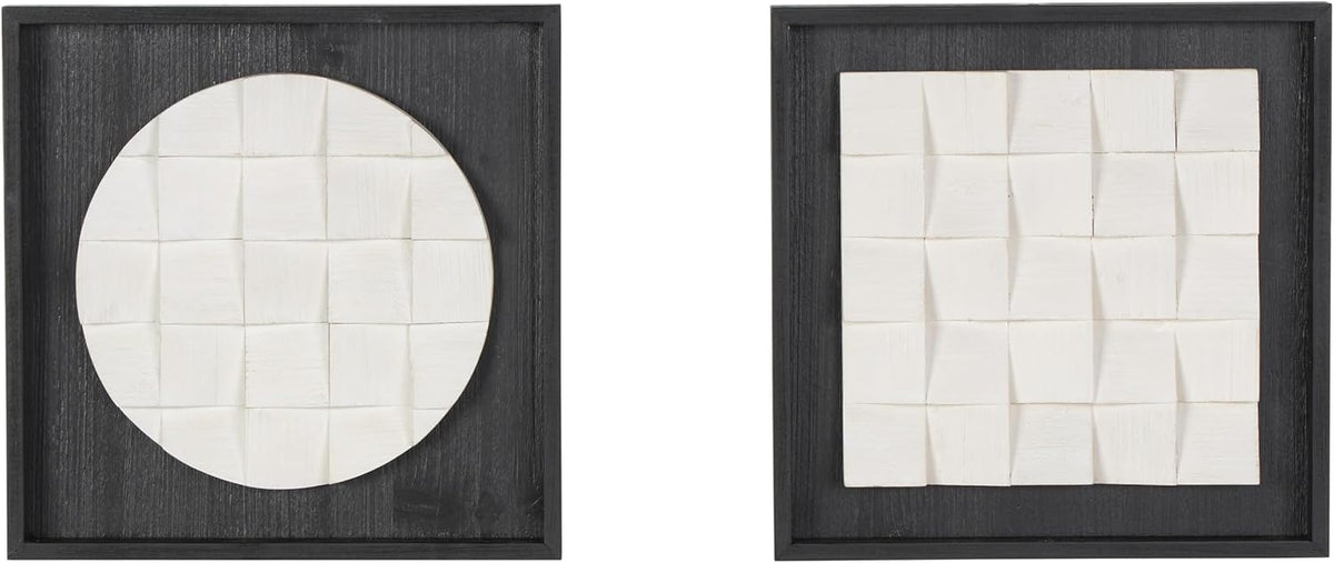 Deco 79 Wood Geometric Home Wall Decor 3D Cube Grid Wall Sculpture with Black Frames, Set of 2 Wall Art 16" W, 16" H, White