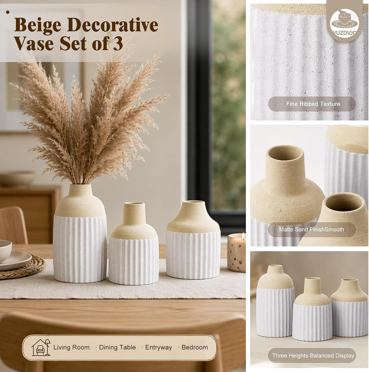 Beige Decorative Vase Set of 3 - Modern Boho Style Ribbed Ceramic Bud Vases for Flowers, Mini Small Vases for Shelf, Shelves, Bookshelf, Entryway Table & Home Decor Aesthetic (Beige White)