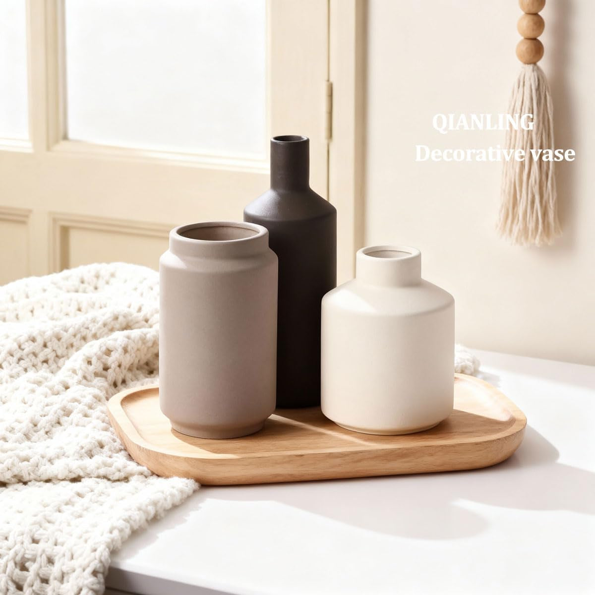 Ceramic Vase Set of 3 - Modern Neutral Vases Home Decor, Minimalism Decorative Vases, Boho Decor Small Flower Vase for Shelf, Dining Table Entryway Mantel Centerpiece Bookshelf Living Room Bathroom