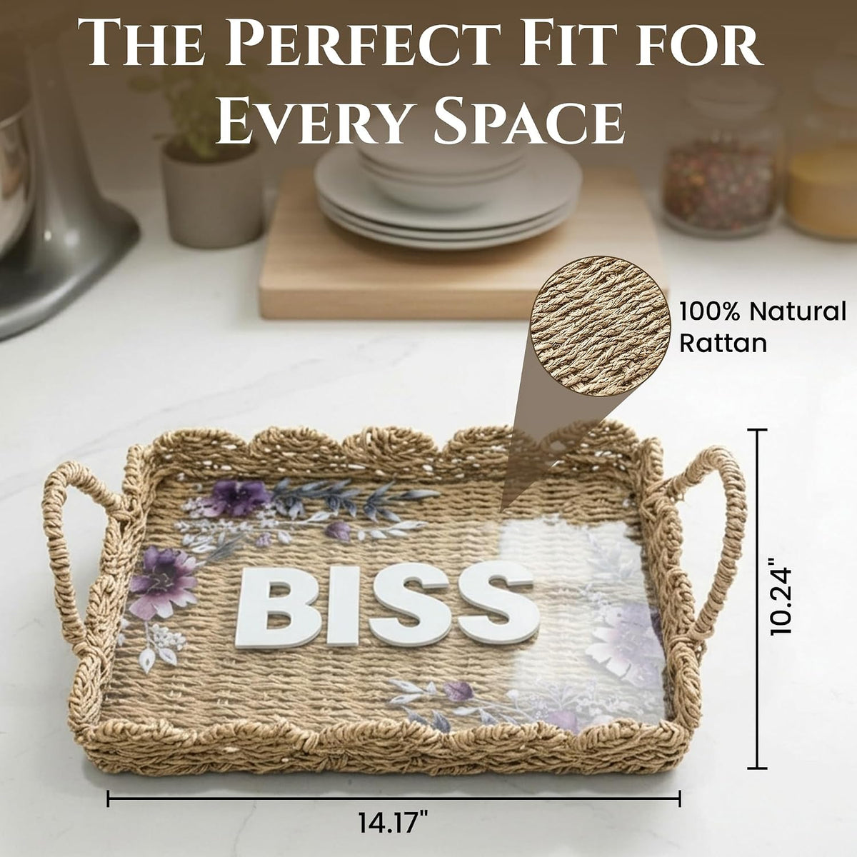 Scalloped Rattan Serving Tray with Removable Floral Transparent Board – Natural Rattan Decorative Wicker Tray with Foldable Handles & Scalloped Edge – Wicker Woven Tray for Coffee Table, Dining