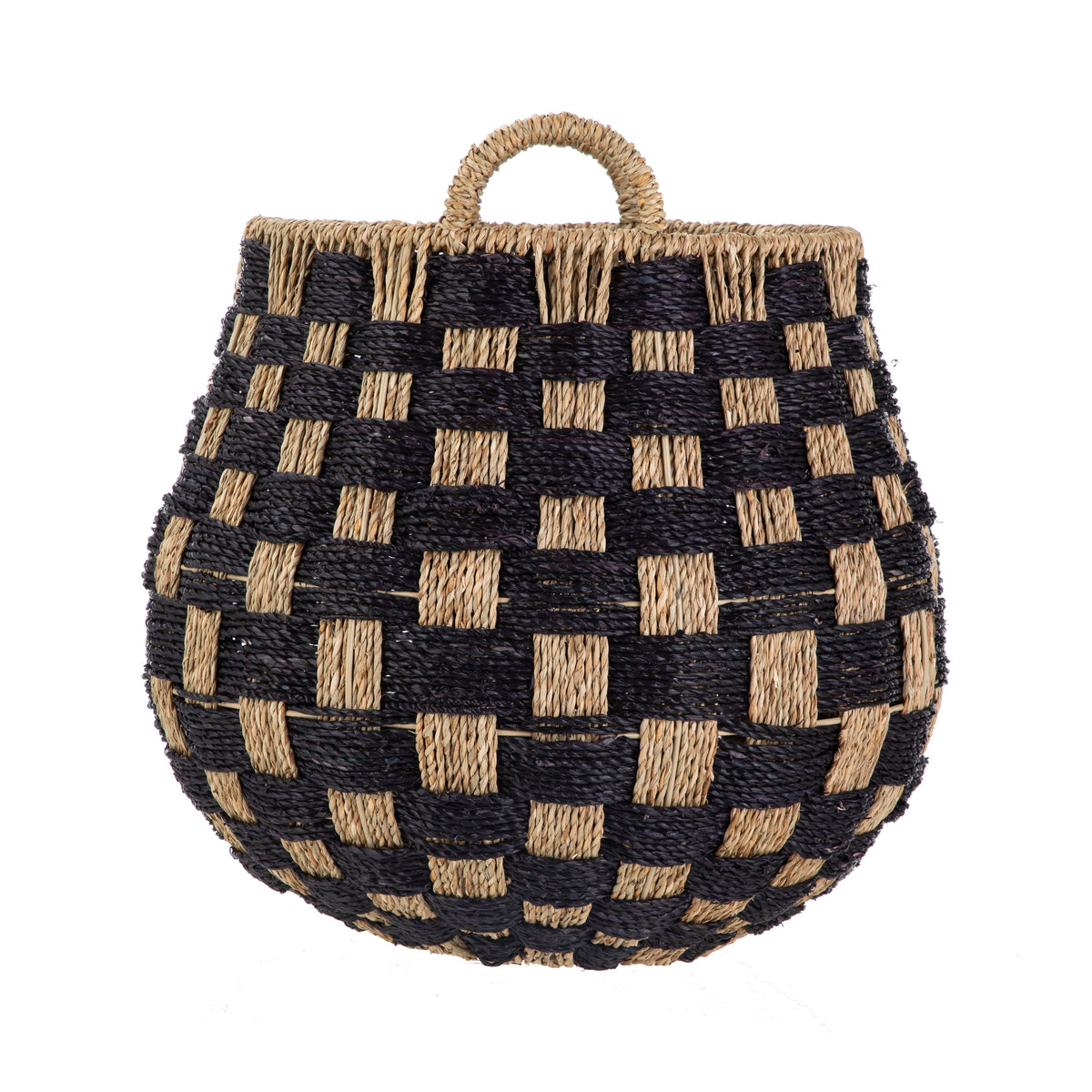 Large round Seagrass Storage Baskets with Handles, Checkered Black/Natural, 2 Pack