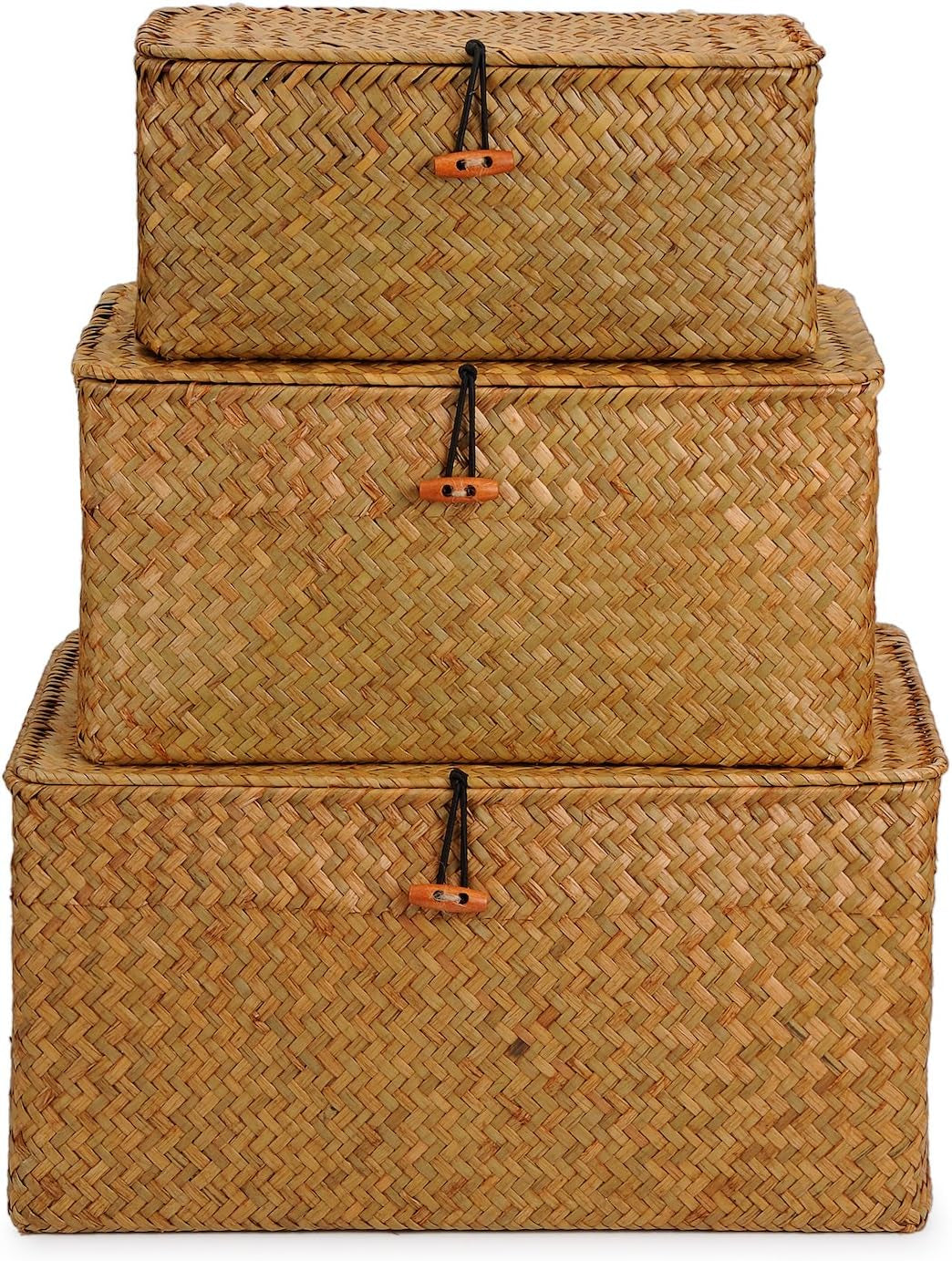Woven Wicker Storage Bins with Lid, Seagrass Basket for Shelf Organizer, Extra Large, Set of 3
