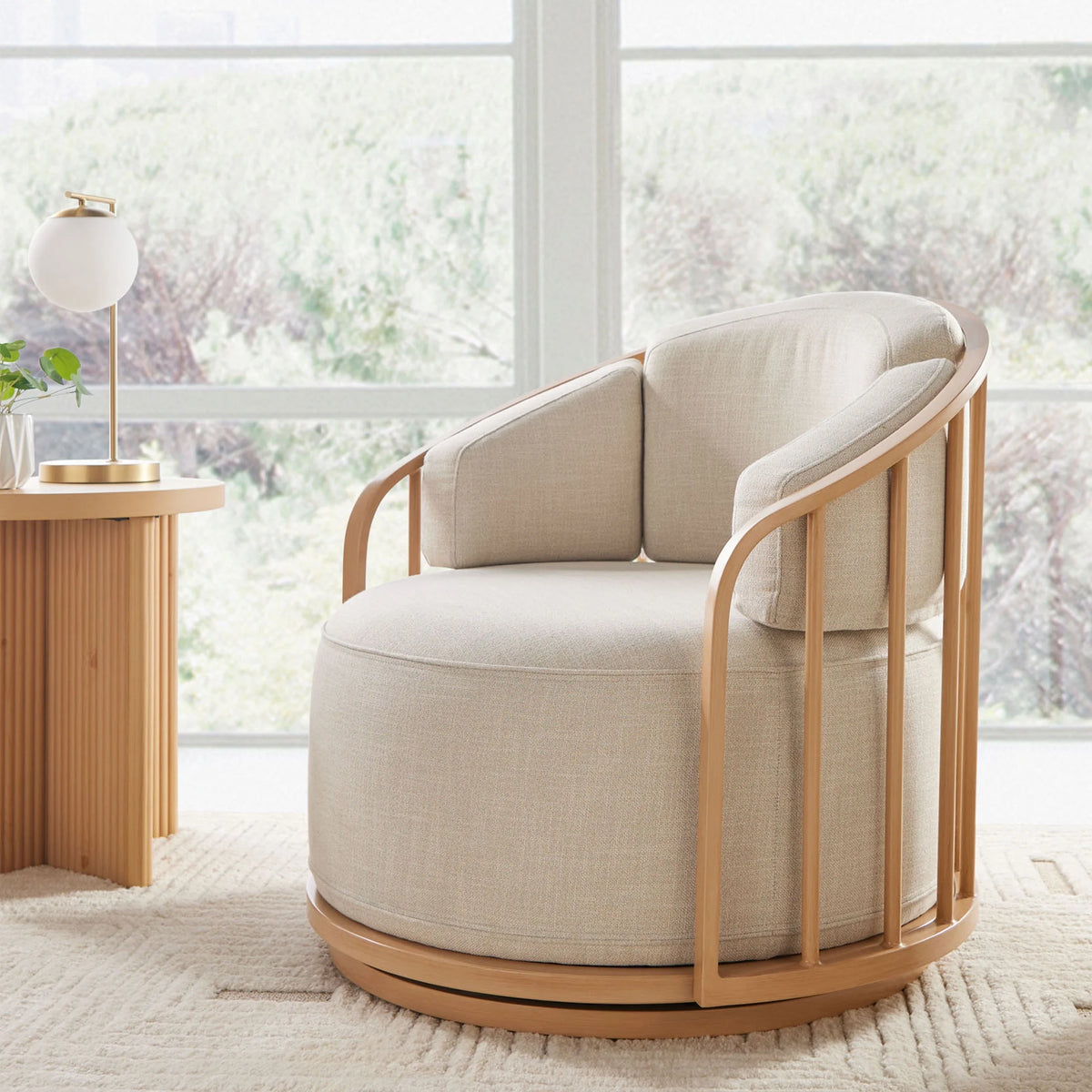 Cream Linen-Look Swivel Birdcage Accent Chair