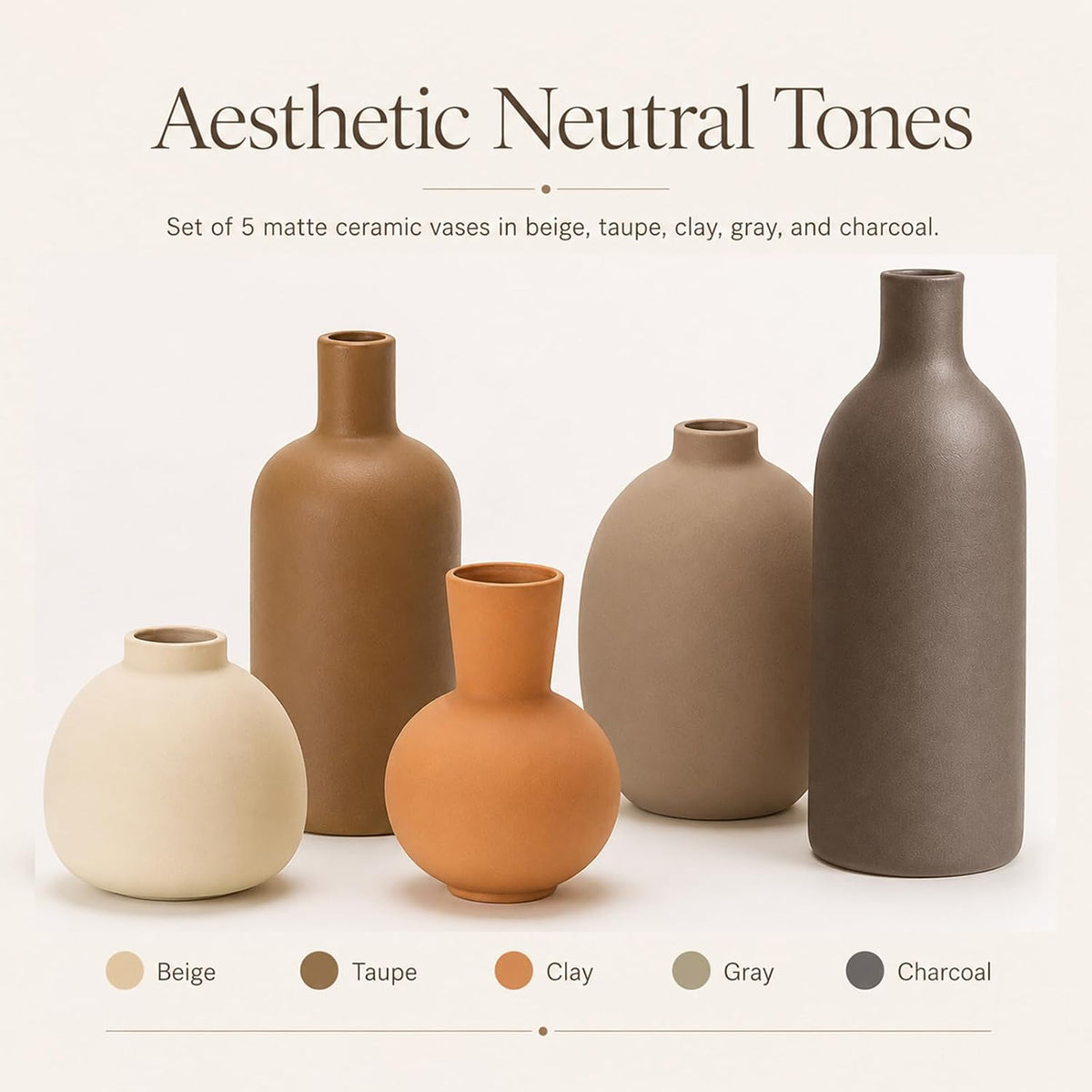 Neutral Ceramic Vase Set – 5 Matte Earth-Tone Vases for Japandi, Scandinavian, or Minimalist Home Decor, Table, Entryway, Shelf & Mantel Styling