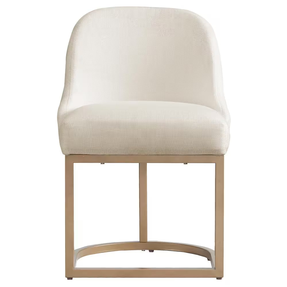 Set of 2 White Linen Barrel Dining Chairs with Gold Base