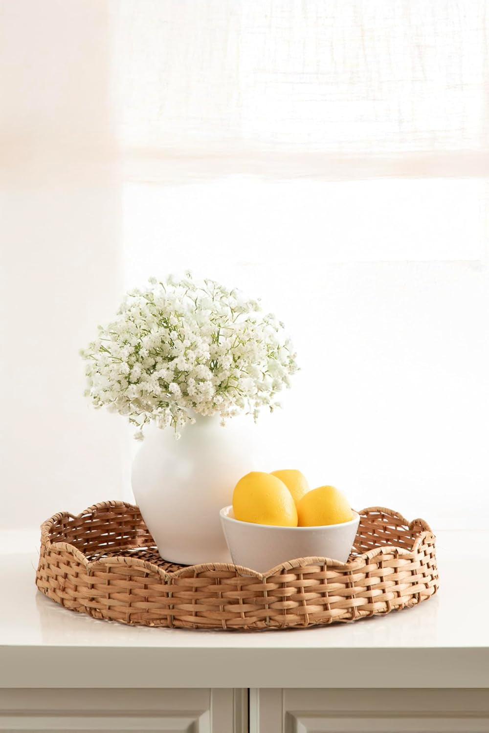 Wavley Modern round Scalloped Woven Rattan Tray, 18 Inch Diameter, Natural Rattan, Decorative Wavy Boho Tray for Use as Versatile Ottoman Tray or Serving Platter