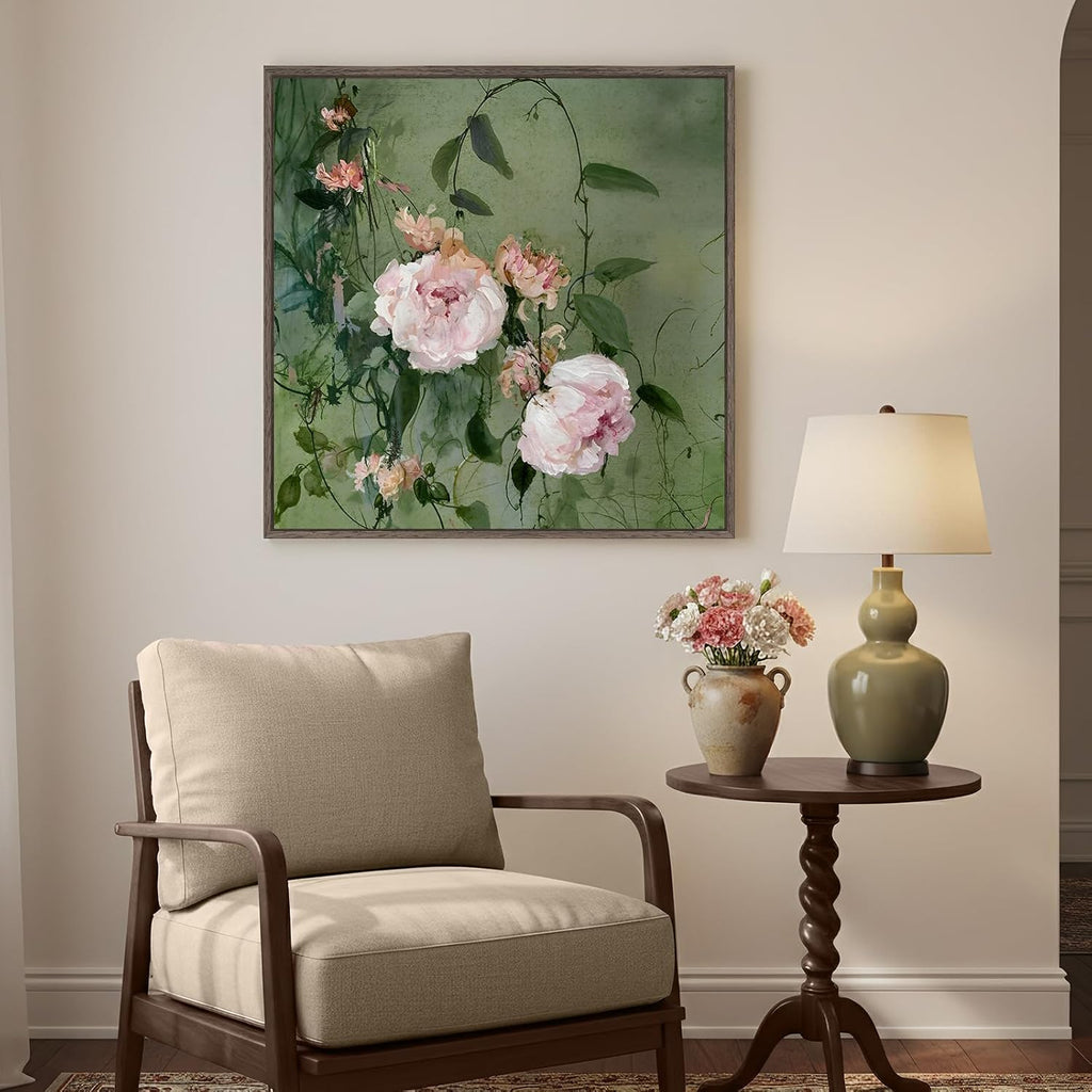 Framed Vintage Pink and Green Chinoiserie Peony Floral Wall Art, 24X24 In
