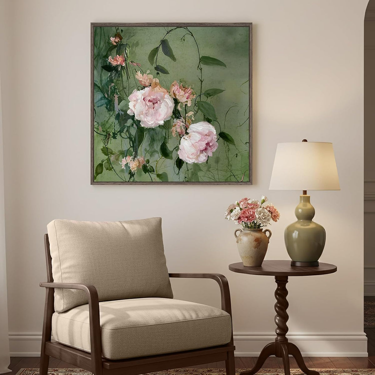 Framed Vintage Pink and Green Chinoiserie Peony Floral Wall Art, 24X24 In