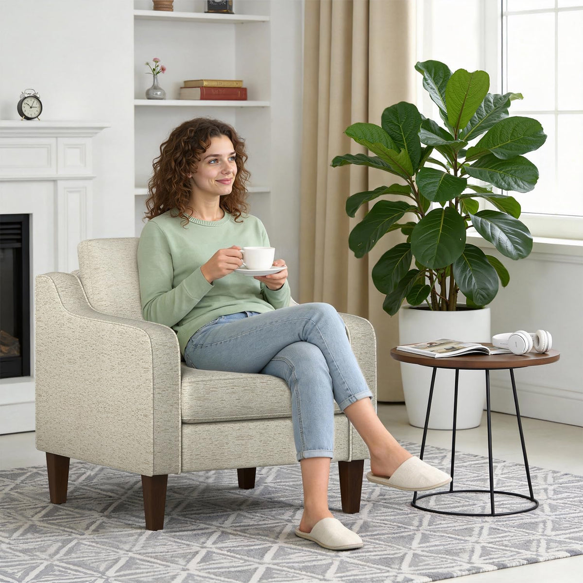 Beige Upholstered Accent Chair with Wood Legs
