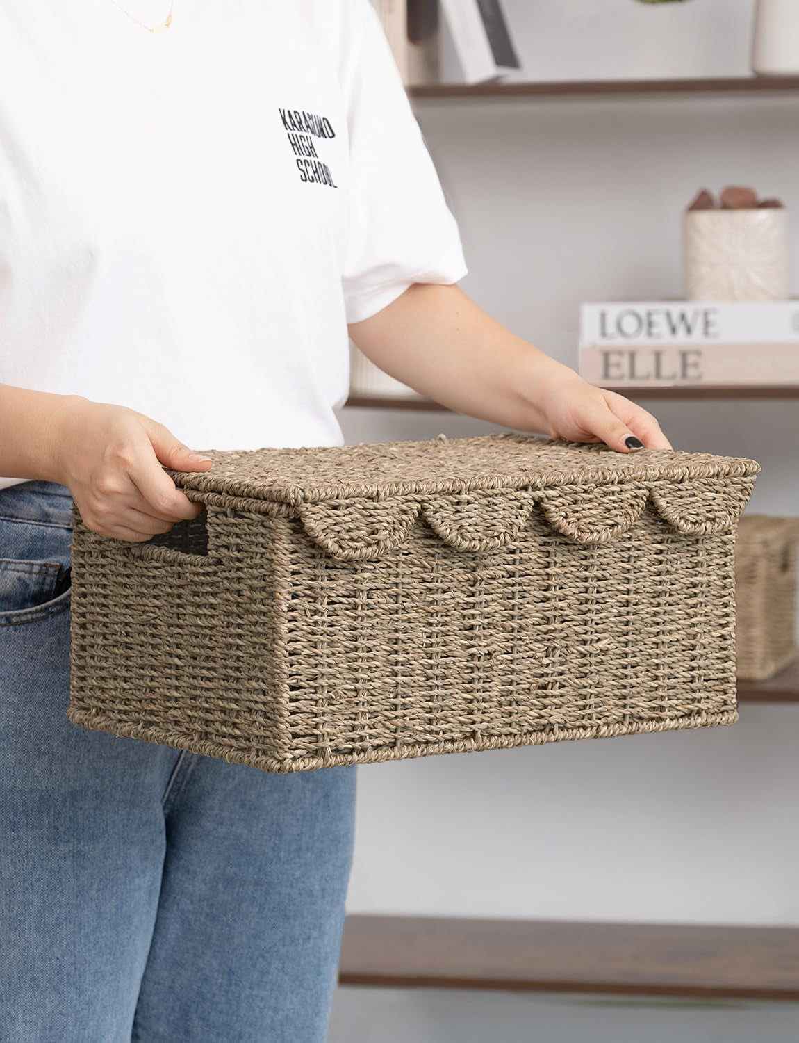Scalloped Basket, Wicker Storage Basket with Lid for Room Décor, Scalloped Wicker Basket, Nursery Basket with Handles