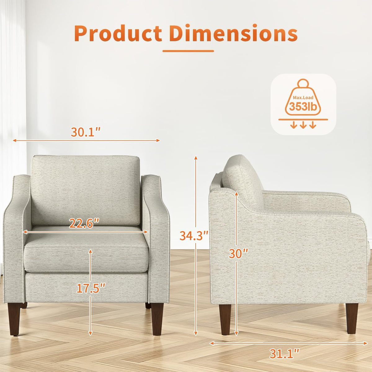Beige Upholstered Accent Chair with Wood Legs
