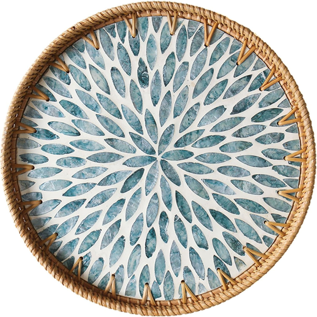 Round Rattan Tray with Mother of Pearl Inlay, Wooden Base