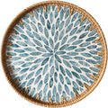Round Rattan Tray with Mother of Pearl Inlay, Wooden Base