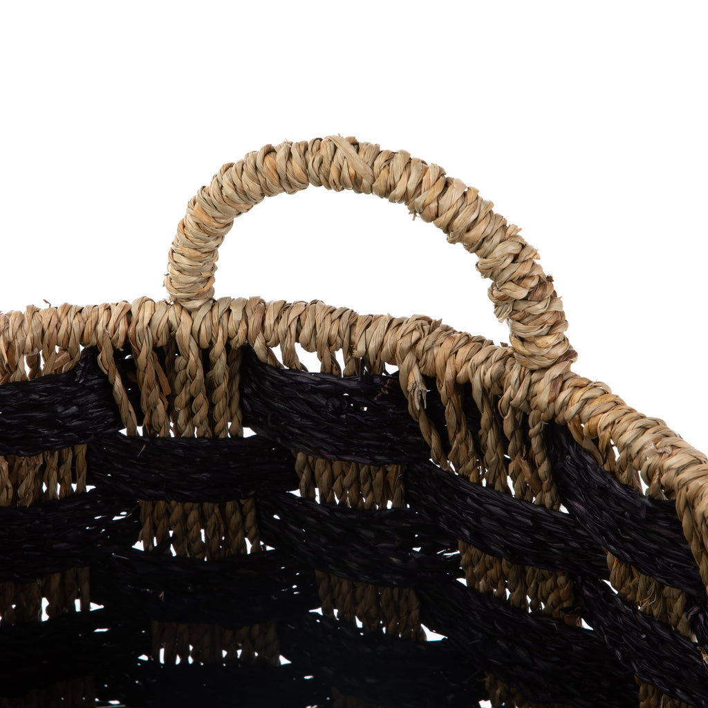 Large round Seagrass Storage Baskets with Handles, Checkered Black/Natural, 2 Pack