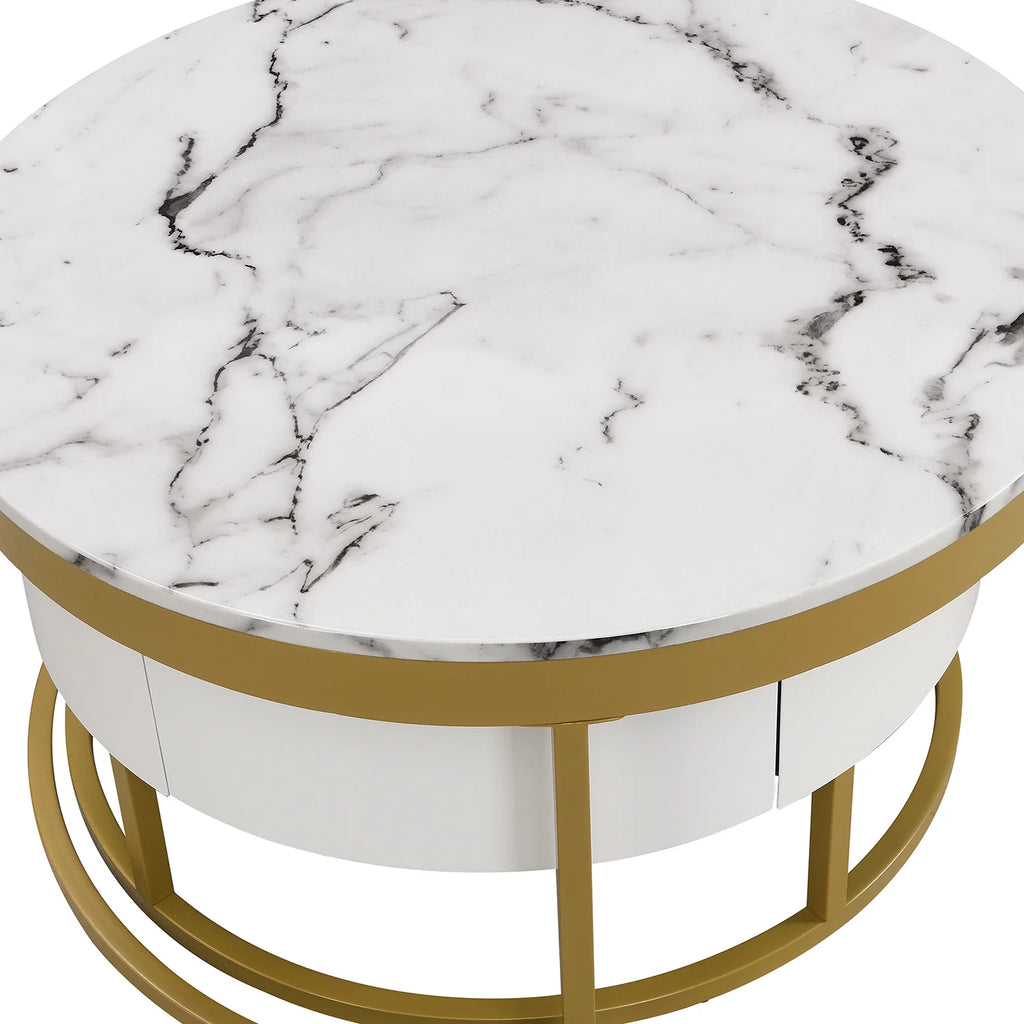 White & Gold Nesting Coffee Tables with Drawers, Set of 2